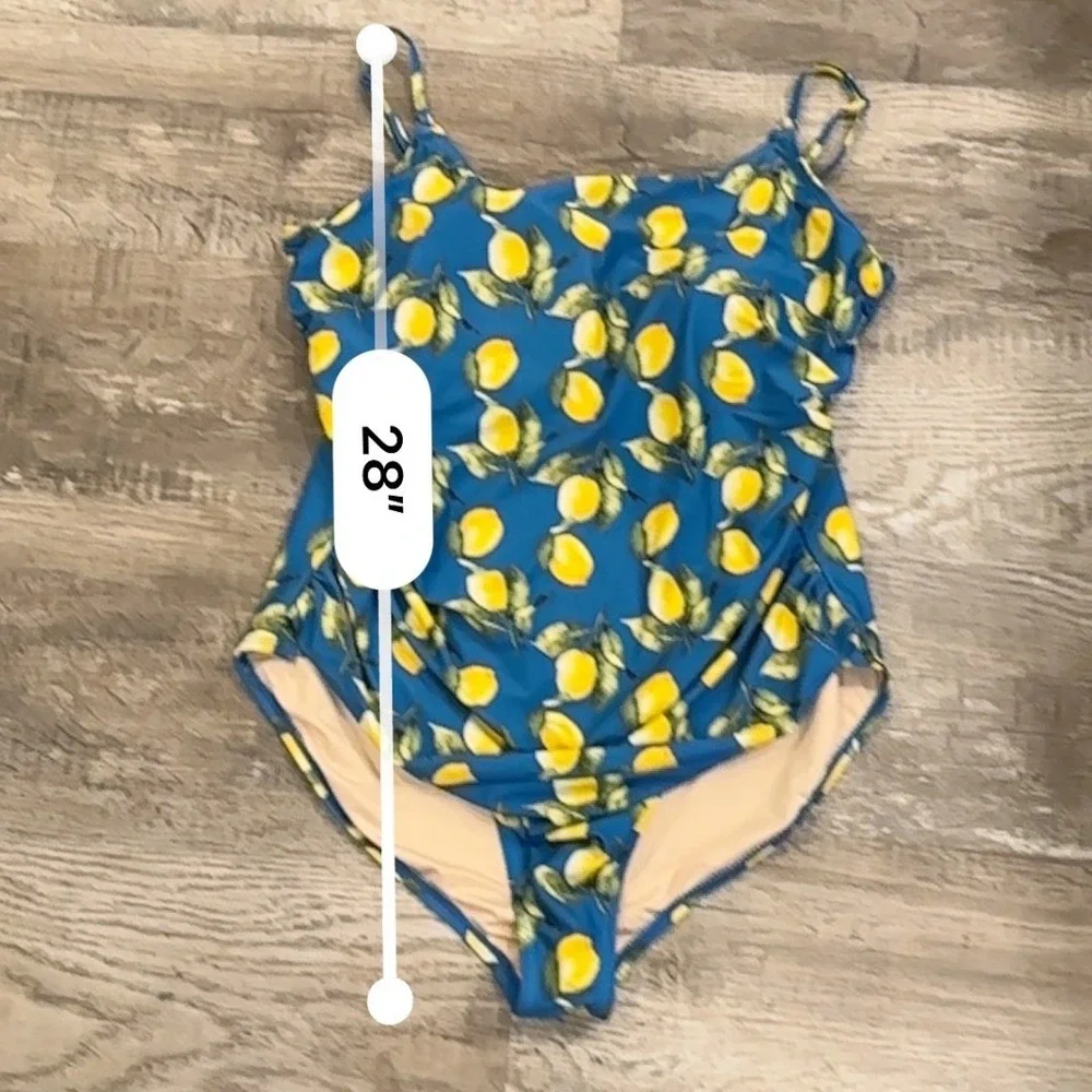 Carole Hochman Blue Lemon Print One Piece Swimsuit Ruched XXL‎ 14 Womens